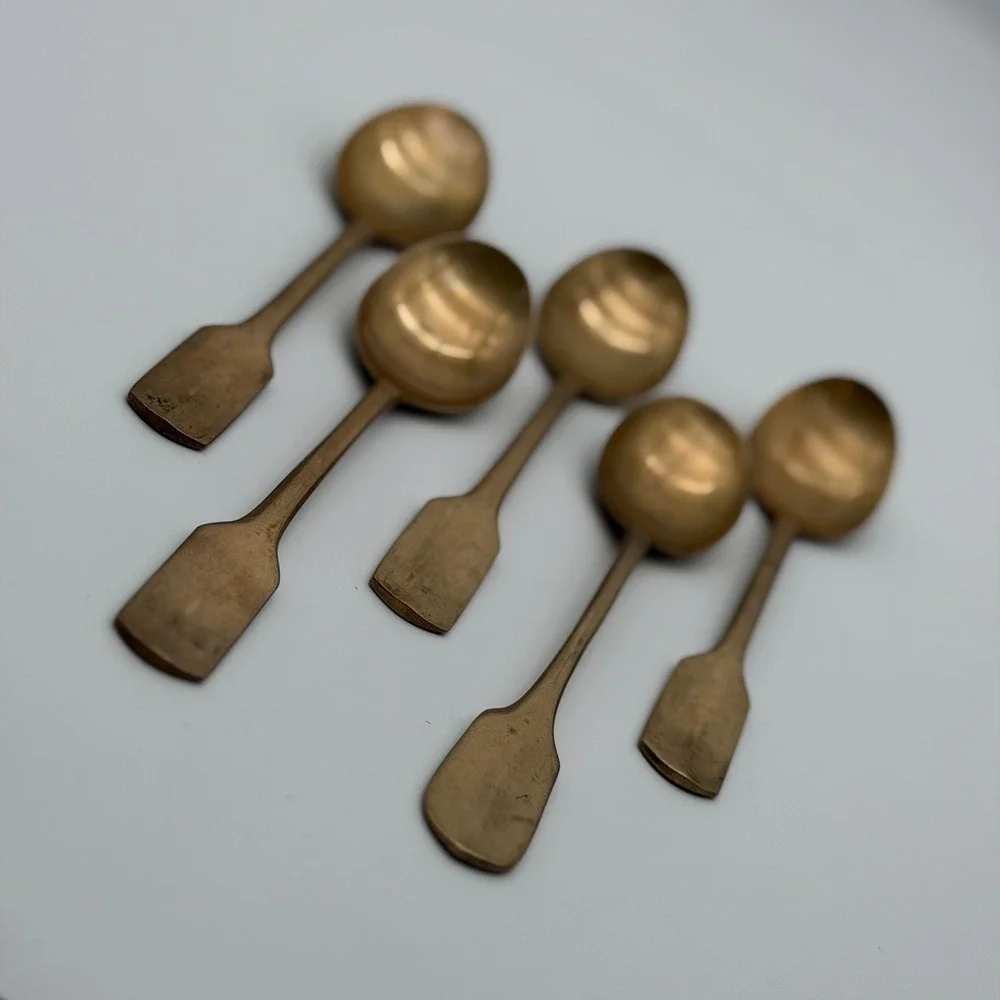 Vintage Bronze Brass Spoons Set of 5 Mid Century Modern Fiddle Handle Gold Tone